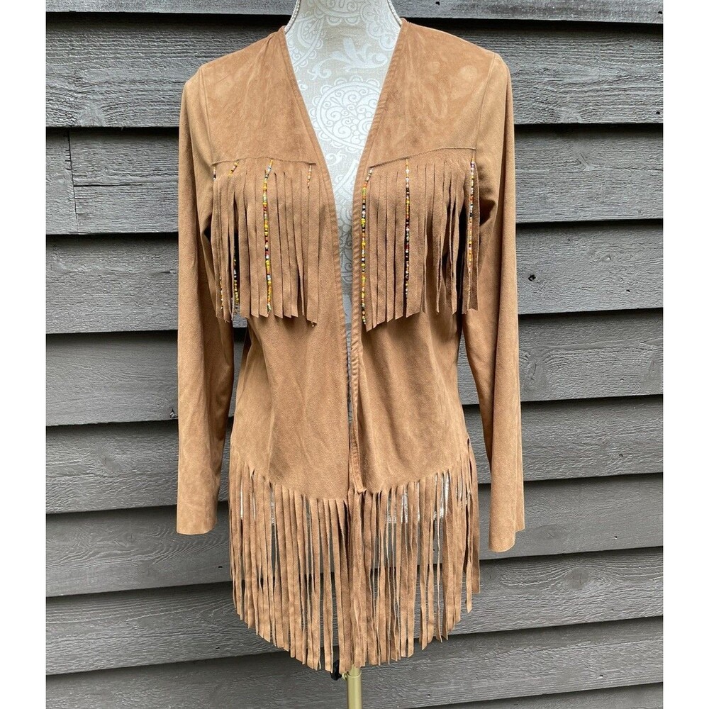 American Rag Cie Faux Suede Fringe Beaded Western Boho Jacket Brown Sz Large